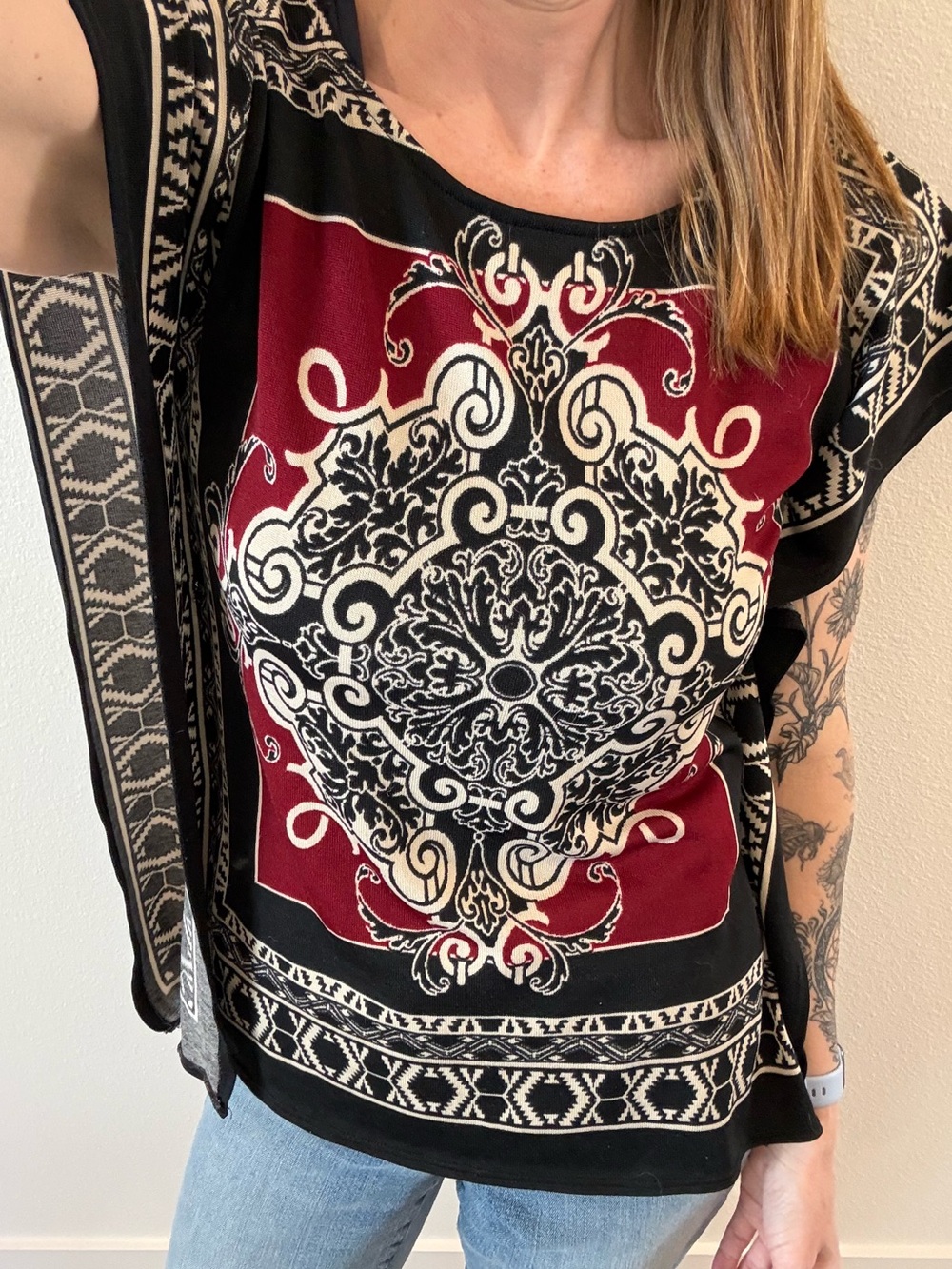 Mind Code Boho Poncho Top Light Sweater Large EUC Oversized Geometric Print